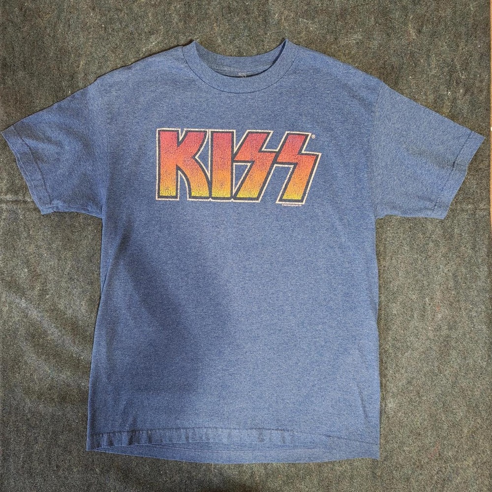 KISS Rock Band Spellout Graphic Tee Heather Blue Gray Mens XL